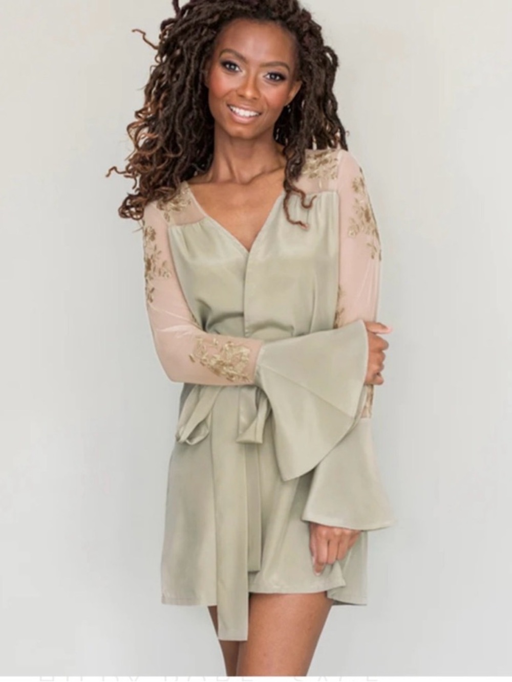 Sheer-Sleeve Satin Robe in Sage Green